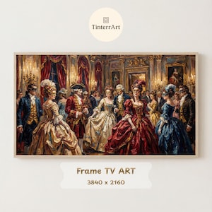 Peut inclure: Impression numérique encadrée représentant une scène de bal avec des personnages en costumes d'époque. L'œuvre utilise une palette de couleurs chaudes avec des rouges, des ors et des bleus. Le texte "Frame TV ART" est visible en bas.