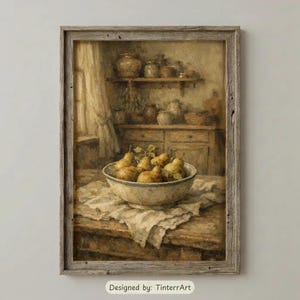 May include: A framed oil painting depicting a bowl of yellow and green pears resting on a white cloth atop a wooden table. In the background, a rustic kitchen scene features a wooden cabinet, shelves with various pottery, and a draped window curtain.