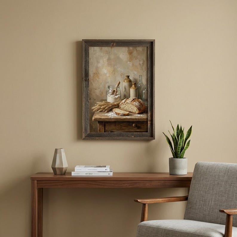 May include: A framed still life painting depicts a rustic scene with a loaf of bread, wheat stalks, and jars on a wooden table. The painting has a warm color palette with brown, beige, and white tones, evoking a sense of nostalgia and simplicity.