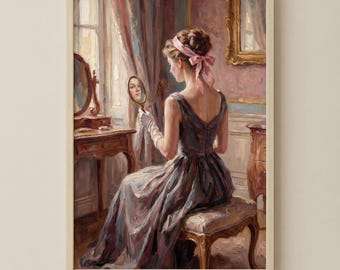Woman Looking In Mirror Oil Painting | Printable Wall Art | Vintage Romantic Lady | Impressionist Bedroom Decor | Instant Digital Download