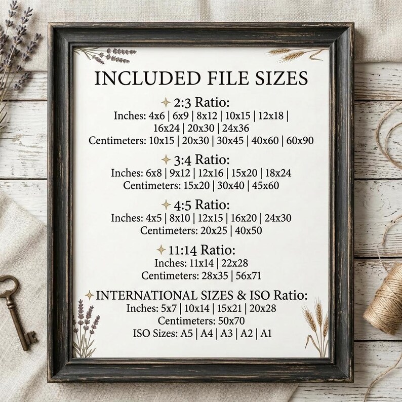 May include: A framed print with a black border displays a list of included file sizes. The text includes inch and centimeter measurements for various aspect ratios, such as 2:3, 3:4, 4:5, 11:14, and international sizes.