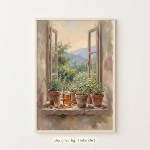 Pode incluir: Pintura emoldurada de uma janela aberta com vista para uma paisagem. Na soleira, ervas em vasos e uma garrafa pequena. A obra utiliza tons suaves e suaves, com o texto "Designed by: TinterrArt" na parte inferior.