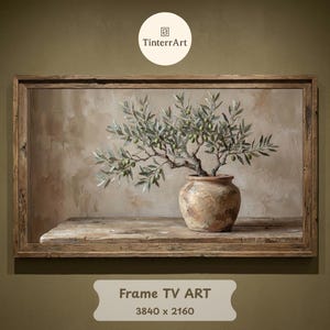 Pode incluir: Uma obra de arte emoldurada com uma oliveira num vaso rústico. A pintura tem uma paleta de cores neutras, um fundo texturizado e uma moldura de madeira. O texto "Frame TV ART" está na parte inferior.