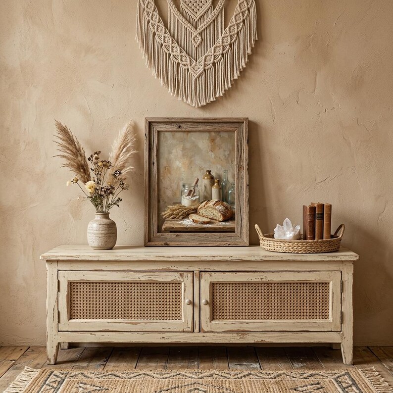May include: A rustic, off-white cabinet with two woven cane door panels. The cabinet is topped with a framed still life painting, a vase of dried flowers, and a woven tray with books and crystals. A macrame wall hanging is above.