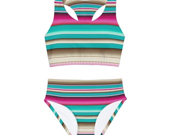 Girls Serape Western Two Piece Swimsuit Swimwear Bathing Suit Tan Turquoise Pink