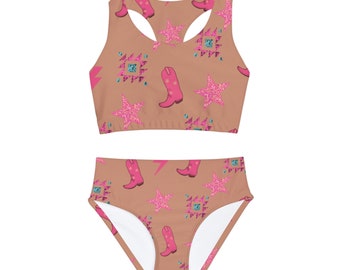 Cowgirl Aztec Western Girls Two Piece Swimsuit Bathing Suit Swimwear Pink Handdrawn designs