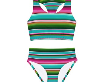 Girls Serape Western Two Piece Swimsuit Swimwear Bathing Suit Turquoise Green Pink