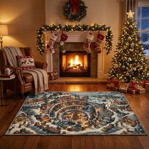 3D Christmas Snowy Village Rectangular Rug, Winter Wonderland Carpet, Xmas Gift Floor Mat, Optical Illusion Rug, Cozy Holiday Home Decor