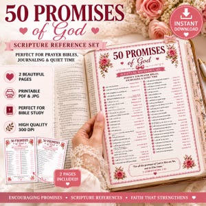 May include: A printable scripture reference set titled 50 Promises of God featuring a list of biblical verses, floral accents, and pink text. The document includes two pages of encouraging promises, designed for prayer bibles, journaling, and quiet time study.