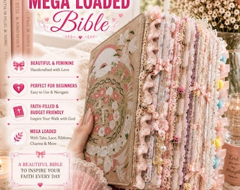 May include: A Bible with a tan cover featuring a floral and dove illustration, heavily embellished with pink lace, ribbons, small bows, and charms along the edges. The text on the cover reads MEGA LOADED Bible, and the pages are decorated with various textures.