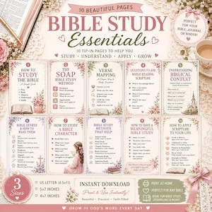 May include: A set of 10 printable Bible study tip-in pages featuring floral illustrations and instructional text. The cards include guides for verse mapping, SOAP method, and biblical context, with sizes listed as US Letter, 5x7, and 4x7 inches.