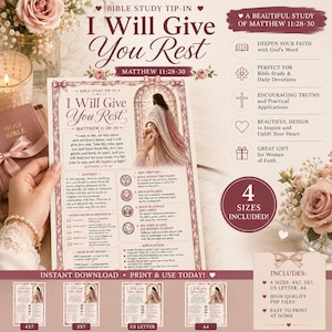 May include: A Bible study tip-in printable titled I Will Give You Rest featuring Matthew 11:28-30. The document includes an illustration of a figure in a robe, text sections on context, key truths, scripture references, and Greek word insights.