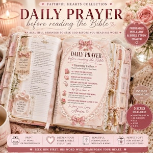 May include: A printable wall art and Bible study prayer card featuring the text Daily Prayer before reading the Bible. The design includes pink bows, lace borders, and floral accents on a soft pink background, presented as a digital download.