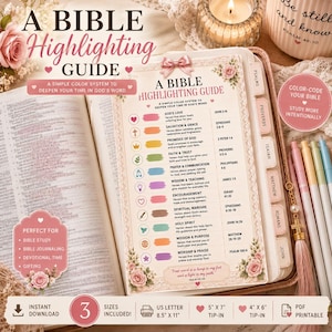 May include: A Bible highlighting guide printed on a page, featuring a color-coded system with icons and text for scripture study. The guide includes categories like God's Love, Salvation, and Promises, with floral accents and a pink bow graphic.