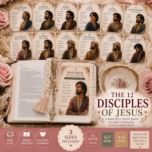 May include: A collection of 12 printed study pages featuring portraits and biographies of the disciples of Jesus, displayed alongside an open Bible with a beaded tassel bookmark and a decorative floral plate, with text indicating 21.6x27.9, 12.7x17.8, and 10.2x15.2 cm sizes.