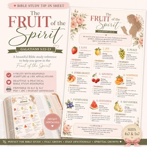 Puede incluir: Una hoja de referencia para el estudio bíblico titulada The Fruit of the Spirit, Galatians 5:22-23. El documento presenta nueve secciones con ilustraciones de frutas, significados, versículos y aplicaciones, decoradas con flores rosas.