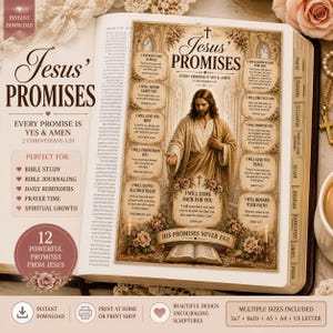 Może przedstawiać: Cyfrowy wydruk zatytułowany Jesus' Promises, przedstawiający centralną ilustrację Jezusa otoczoną kwiatowymi akcentami i dwunastoma wersetami biblijnymi. Projekt zawiera teksty takie jak Every Promise Is Yes & Amen oraz His Promises Never Fail, utrzymane w sepiowej estetyce z ozdobnymi obramowaniami i gotycką typografią.