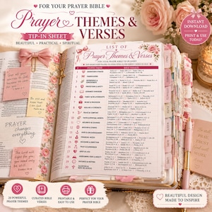 May include: A printed tip-in sheet for a prayer bible featuring a list of 20 prayer themes and corresponding bible verses. The document has a white background with pink floral accents, headers, and icons. It is displayed inside an open bible.