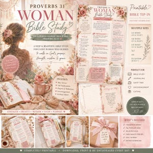 May include: A digital Proverbs 31 Bible study kit featuring floral illustrations, a prayer journal page, and a study guide. The set includes text detailing key verses, life applications, and prayers, presented in a soft pink and cream colour palette.