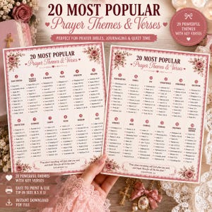 Könnte beinhalten: Zwei rechteckige weiße Papierbögen mit dem Text 20 MOST POPULAR Prayer Themes & Verses, verziert mit rosafarbenen Blumenrändern. Jeder Bogen listet nummerierte Gebetskategorien und zugehörige Bibelverse in dunkelrosa Schrift auf.