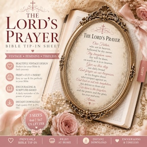 May include: A digital Bible tip-in sheet featuring The Lord's Prayer in a vintage-style oval frame. The text includes the full prayer in dark red script on a cream background. The design is surrounded by pink roses, lace, and a gold cross pendant.