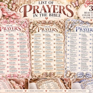 Puede incluir: Un paquete digital imprimible con tres listas de oraciones de la Biblia en diferentes colores, incluyendo diseños en rosa, beige y azul. Cada hoja muestra veinticinco entradas de oración numeradas con referencias bíblicas, decoradas con motivos florales y mariposas.