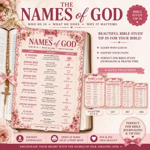 May include: A printable Bible study tip-in sheet titled The Names of God, featuring a table with names, meanings, and scripture references. The design includes pink floral borders and bows. Four sizes are listed: 8.5 x 11 inches, 5x7, 4x7, and 4x6 inches.