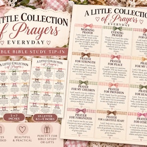 May include: A printable Bible study tip-in titled A Little Collection of Prayers Everyday, featuring twelve prayer cards with gingham borders and bows. Available in 10.16x15.24 cm, 12.7x17.78 cm, and 21.59x27.94 cm, this digital resource includes text for morning, evening, guidance, strength, peace, family, children, provision, healing, forgiveness, gratitude, and others.