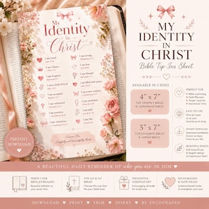 Könnte beinhalten: Ein digitaler Druck mit dem Titel My Identity in Christ, der eine Liste von Affirmationen mit Bibelstellen enthält, verziert mit zarten rosa Blumenillustrationen, Schleifen und Herzen. Das Layout zeigt Größenangaben von 10 cm mal 18 cm.