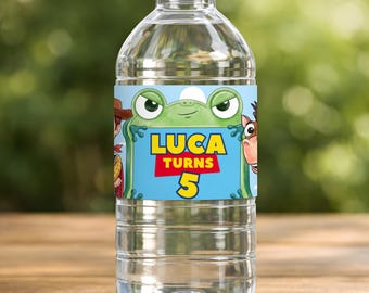 Etiquetas para botellas de agua de fiesta de cumpleaños de Toy Story 5, plantilla editable, envoltorio de botella editable en Canva, fiesta temática de Toy Story TS5