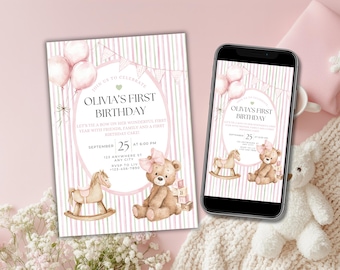 Pink Bear Birthday Invitation, Coquette Teddy, Editable Canva Template
