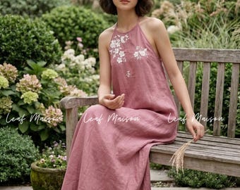 dusty rose linen dress,linen maxi dress,embroidered dress,pink linen dress,boho linen dress,summer dress,women linen dress