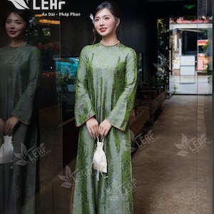Custom Green Silk Áo Dài, Two-Layer Tunic with Bat Motifs, Tailor Made Vietnamese Dress