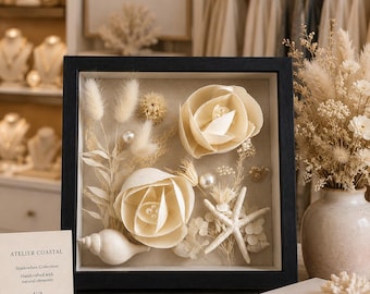 Neutral Coastal Shell Flower Shadow Box Wall Art | Handmade Seashell Floral Decor with Starfish | Beach Cottage Frame Art