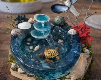 Ocean Serenity Resin Shell Fountain with Turtle – Coastal Handmade Decor