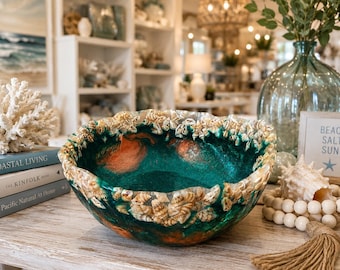 Teal Resin Seashell Bowl, Handmade Coastal Decor, Ocean Inspired Decorative Bowl, Beach House Centerpiece, Unique Shell Art