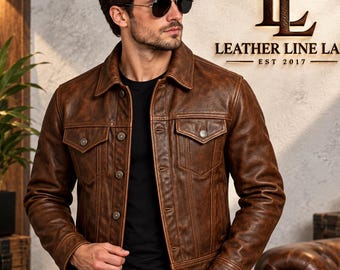 Chaqueta de cuero marrón estilo café racer para hombre, abrigo de motociclista de cuero auténtico