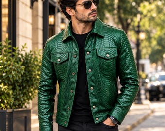 Chaqueta vaquera de cuero verde con relieve de cocodrilo para hombre, estilo camionero, con botones y estilo western.