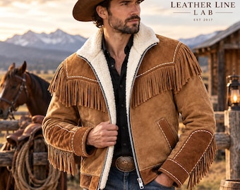 Chaqueta de hombre de ante marrón con flecos, cuello de borrego, estilo vaquero del oeste.