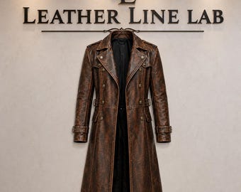 Men's Brown Leather Trench Coat, Long Duster, Western Cowboy Style