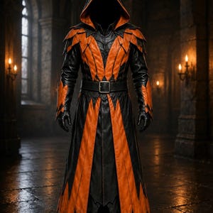 May include: A long, hooded coat featuring a black and orange colour scheme with a pointed, layered hemline and shoulder accents. The garment includes a central black belt with a metal buckle, long sleeves, and a deep hood, constructed from panels.