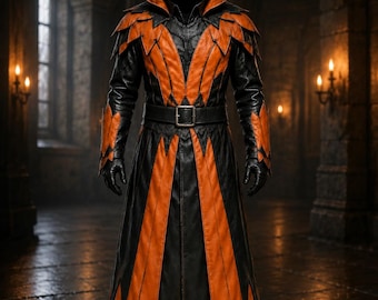 Abrigo gótico de cuero para hombre, negro y naranja, disfraz medieval con capucha (atuendo para LARP)