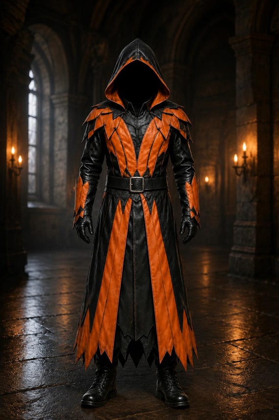 Men's Gothic Leather Coat, Black Orange Medieval Hooded Fantasy Costume (LARP Outfit)
