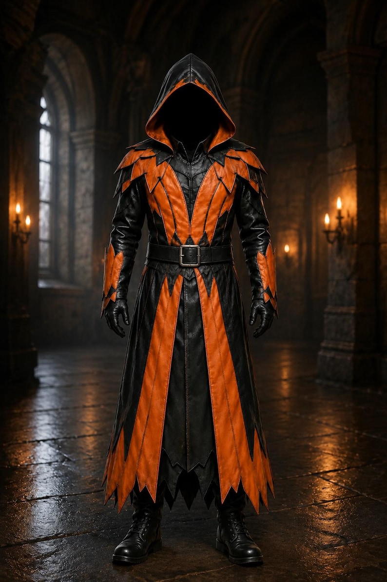 May include: A long, hooded coat featuring a black and orange colour scheme with a pointed, layered hemline and shoulder accents. The garment includes a central black belt with a metal buckle, long sleeves, and a deep hood, constructed from panels.