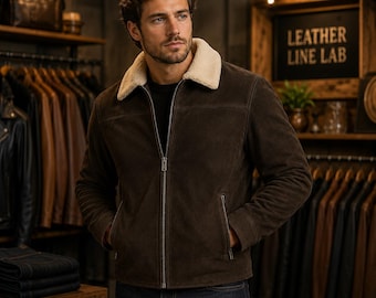 Chaqueta bomber de ante marrón para hombre, cuello de borrego, ideal para el invierno.