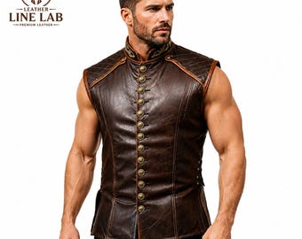 Gilet médiéval en cuir véritable marron pour homme, gilet Renaissance, costume de GN viking