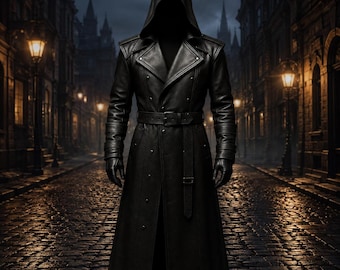 Men's Black Leather Hooded Trench Coat, Gothic Assassin Style Jacket (Steampunk Cosplay)