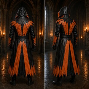 May include: A long hooded coat featuring a black and orange colour scheme with a pointed, jagged hemline. The garment includes a structured belt at the waist, long sleeves, and layered panels on the shoulders, all crafted with a textured finish.