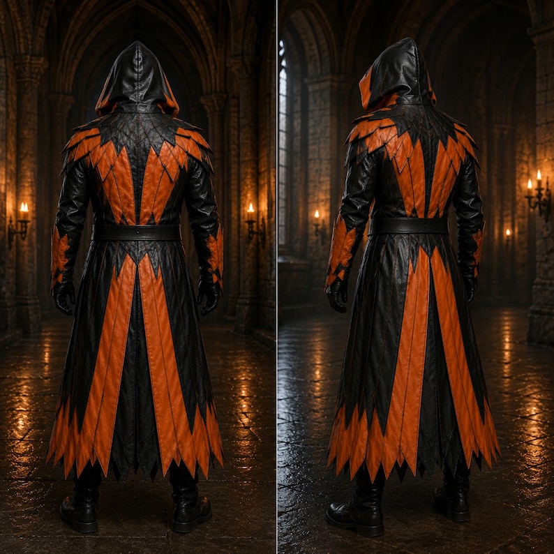 May include: A long hooded coat featuring a black and orange colour scheme with a pointed, jagged hemline. The garment includes a structured belt at the waist, long sleeves, and layered panels on the shoulders, all crafted with a textured finish.