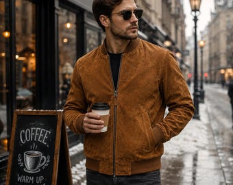 Chaqueta bomber de ante marrón para hombre, estilo aviador vintage, puños y cintura acanalados.